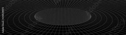 Vortex. Vector perspective curved grid. Wireframe abstract tunnel. 3D vector wormhole with a mesh structure.