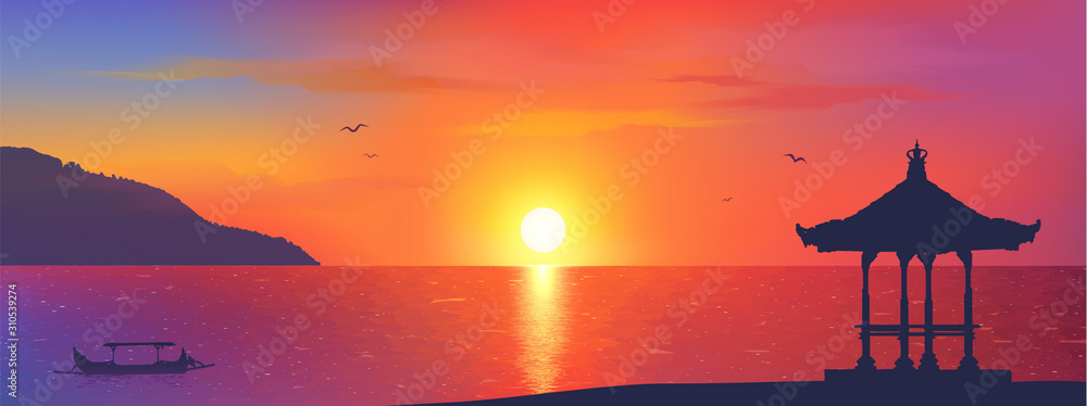 Fototapeta Ilustracja wektorowa, jeśli plaża Sanur z tradycyjną altaną i sylwetkami łodzi rybackich na kolorowym tle zachodu słońca
