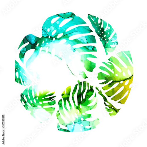 Abstract watercolor vector monstera leaves. Can be used for web pages, identity style, printing, invitations, banners, cards, leaflets. Vector illustration. Mixed media