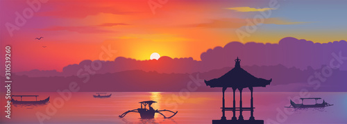 Colorful Balinese sunset with traditional gazebo and fishing boats silhouettes, vector Bali island banner illustration
