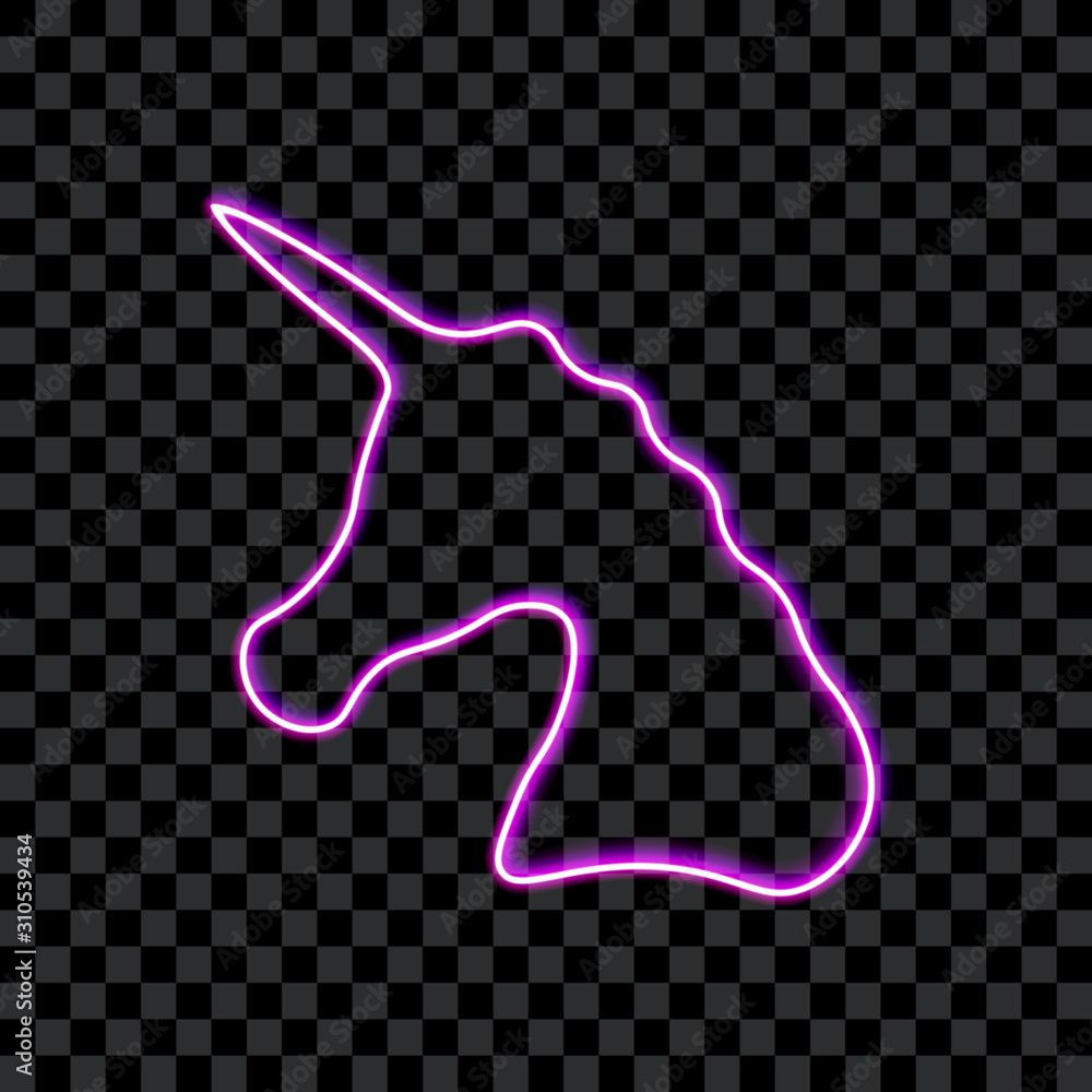 Unicorn neon sign, glowing neon unicorn head on transparent background, vector illustration.