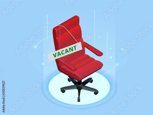 Open vacant job position. Isometric employment, vacancy and hiring job concept. Red chair vacant and business recruiting.