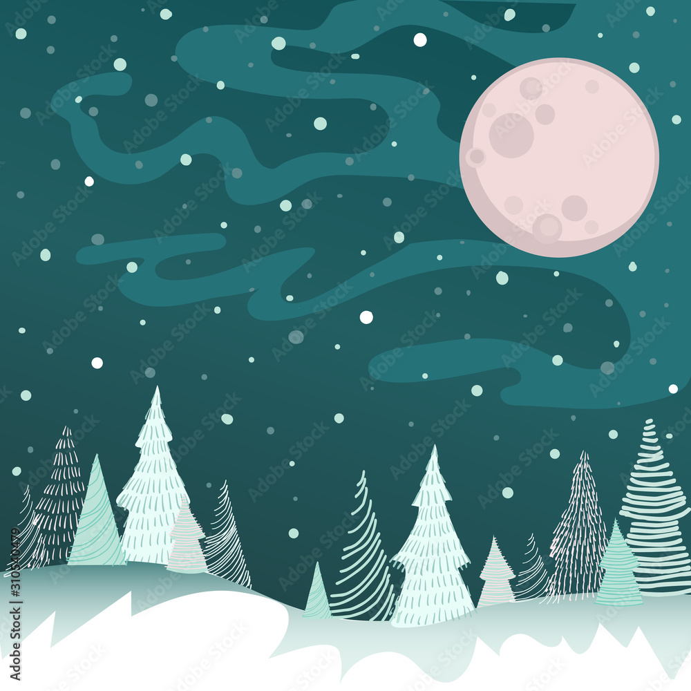 Vector image of a winter night with a full moon, snowflakes, snowdrifts and schematically drawn Christmas trees from lines and dashes on a green background.