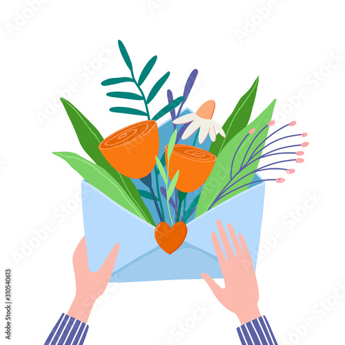 Hands holding, opening, packing envelope full of flowers and twigs with heart-shaped seal, romantic boho-style postcard, valentine greeting card, banner, vector illustration on white background