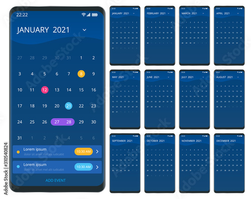 2021 Calendar, Print Template with Place for Photo, Your Logo and Text. Week Starts Sunday. Portrait Orientation. Set of 12 Months. Planner for 2021 Year.