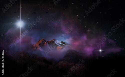 surreal landscape with mountain in the starry night