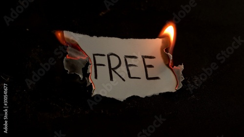 Free word written on white paper burns. Fire with smoke and ashes on black background photo