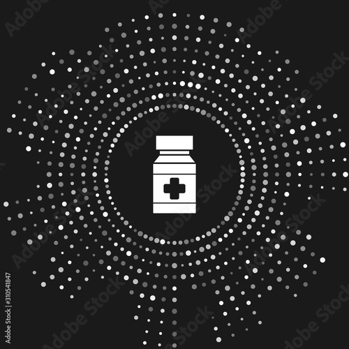 White Dog medicine bottle and pills icon isolated on grey background. Container with pills. Prescription medicine for animal. Abstract circle random dots. Vector Illustration