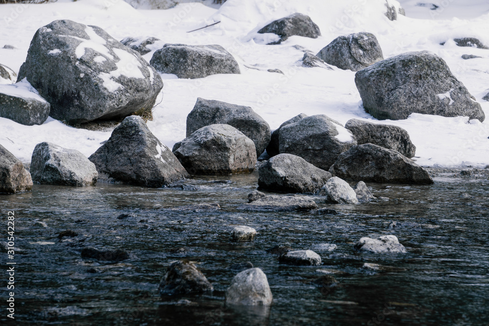 Stone on ice. Winter landscape. Cold water in the lake Stone on ice. Winter landscape. Cold water in the lake