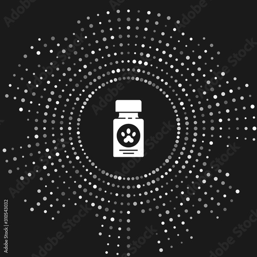 White Dog medicine bottle and pills icon isolated on grey background. Container with pills. Prescription medicine for animal. Abstract circle random dots. Vector Illustration