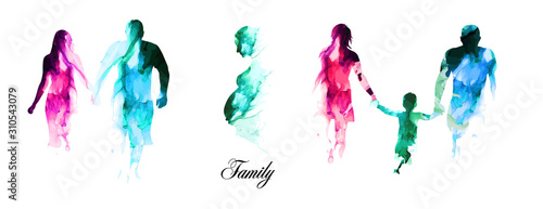 Set of family silhouettes made of paint. Happy family day. Mixed media. Vector illustration