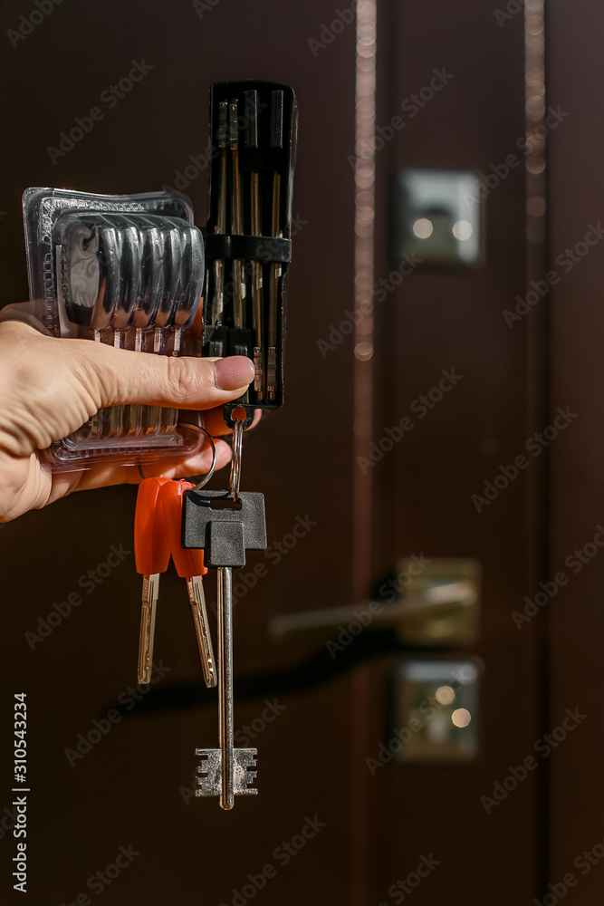 Happy owner of a new apartment (housing) moving to her home. A woman's hand holding an unopened bunch of new house keys on background of brown front door. Money loan or bank mortgage concept Happy owner of a new apartment (housing) moving to her home. A woman's hand holding an unopened bunch of new house keys on background of brown front door. Money loan or bank mortgage concept