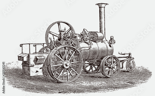 Historical steam locomotive engine. Illustration after an engraving from the 19th century