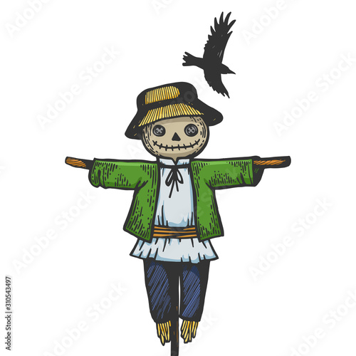 Farm rural scarecrow with flying crow bird sketch engraving vector illustration. T-shirt apparel print design. Scratch board style imitation. Black and white hand drawn image.