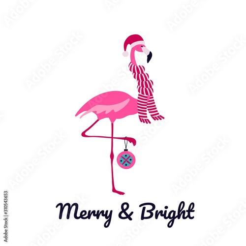 Pink flamingo Christmas and happy New Year greeting card.