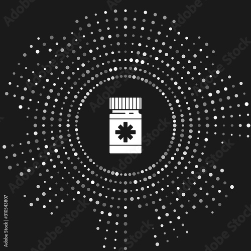 White Dog medicine bottle and pills icon isolated on grey background. Container with pills. Prescription medicine for animal. Abstract circle random dots. Vector Illustration