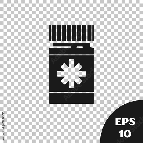 Black Dog medicine bottle and pills icon isolated on transparent background. Container with pills. Prescription medicine for animal. Vector Illustration