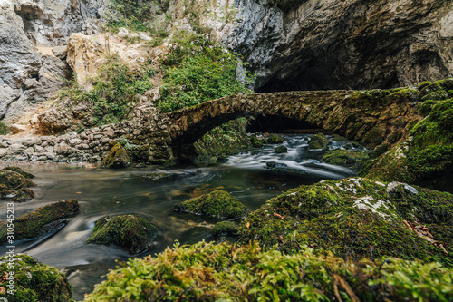 Famous old stone bridge in the karst caves of Rakov Skocjan area. Caves, underground river, depresions and skink holes of Natural park Rakov Skocjan Gorge, Slovenia. Small stone bridge over a stream.