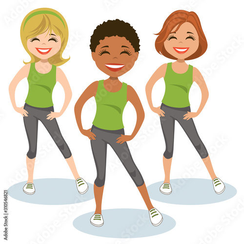 Smiling women perform aerobic dance for health and fitness