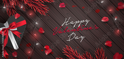Romantic valentine's day horizontal banner background template with rose petals, gift and glowing string lights 3d vector