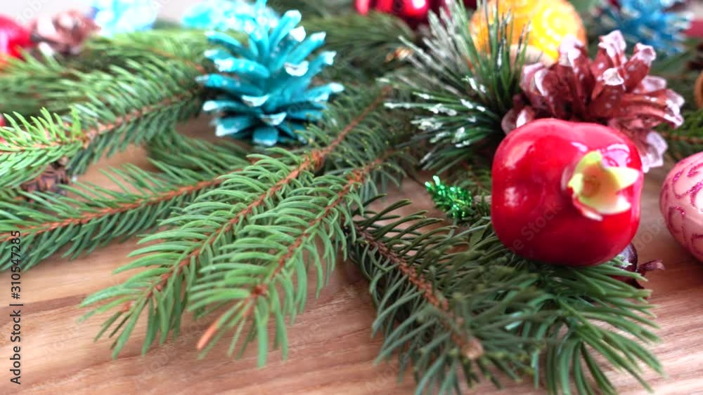 Tree branches and tree toys. New Year's background. Tree branches and tree toys. New Year's background.