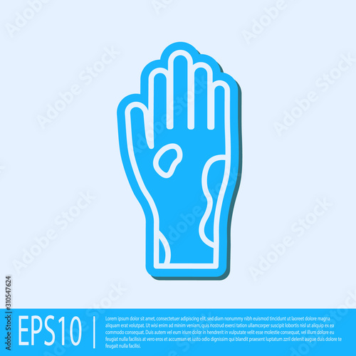 Blue line Hand with psoriasis or eczema icon isolated on grey background. Concept of human skin response to allergen or chronic body problem. Vector Illustration