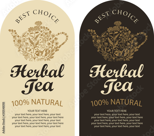 Set of two vector labels for a herbal tea with sketches, calligraphic inscriptions and place for text in retro style. Tea labels with teapot or kettle consisting of hand-drawn medicinal herbs.