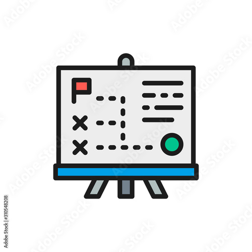 Vector presentation with diagram, training flat color line icon.