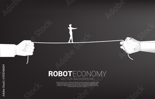 silhouette of businessman walk rope in robot and human hand. Concept of Business challenge and career path.