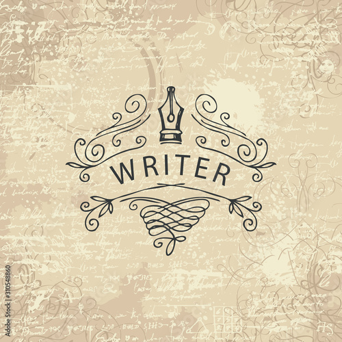 Vector banner with writer logo on abstract background in retro style. Artistic illustration with hand-drawn fountain pen on the backdrop with unreadable handwritten notes, stains and curlicues