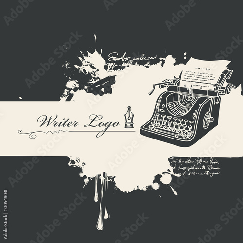 Vector banner with abstract black stains and calligraphic inscription Writer logo in retro style. Black and white artistic illustration with ink pen, blobs and splashes