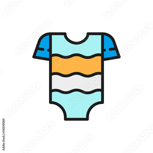 Baby clothes, kids bodysuit, garment for infant flat color line icon.