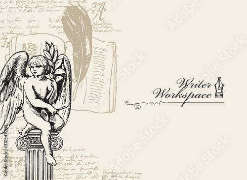 Vector banner on a writers theme with sketches and place for text. Vintage illustration with hand-drawn angel, inkwell, feather, notebook and unreadable handwritten notes. Writer workspace