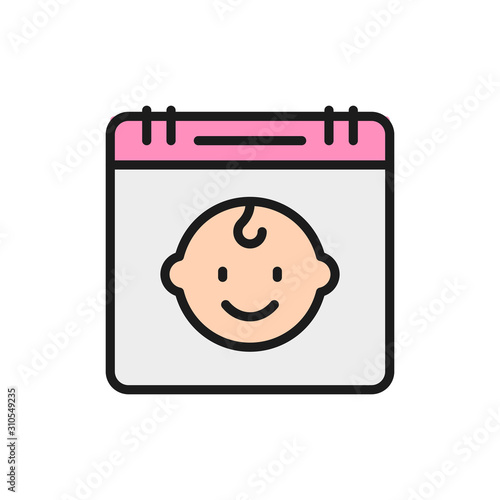 Vector kids calendar, baby birthday flat color line icon.