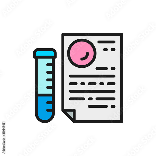Medical glass tube with document, paternity test result flat color line icon.