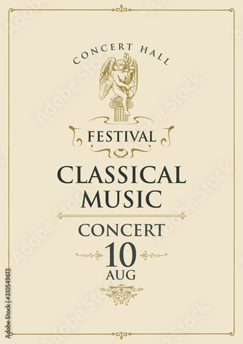 Vector poster for concert or festival of classical music with drawing of angel sculpture on a light background in retro style. Suitable for playbill, flyer, invitation and other promotional materials