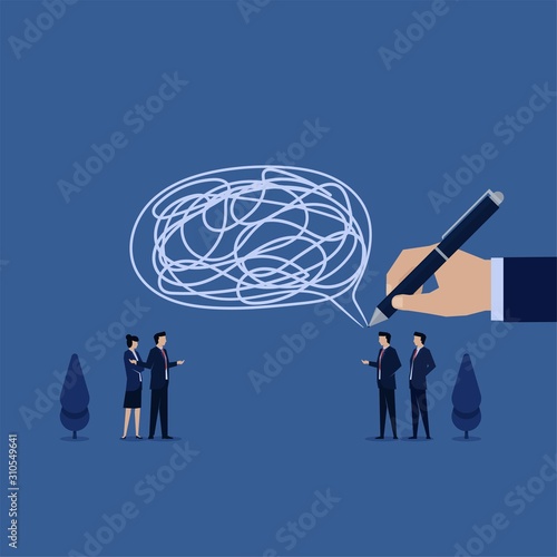 Business flat vector concept man talk with big bubble chat and big tangled thread inside metaphor of miss communication.