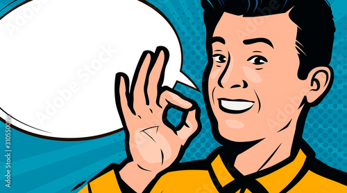 Successful businessman or man shows hand gesture excellent. Vector illustration in style comic pop art