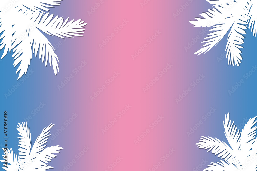 abstract summer background in pink blue color with white palm leaf