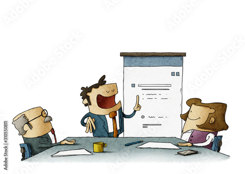 Businessman speaks in front of two other people. Business meeting concept. isolated