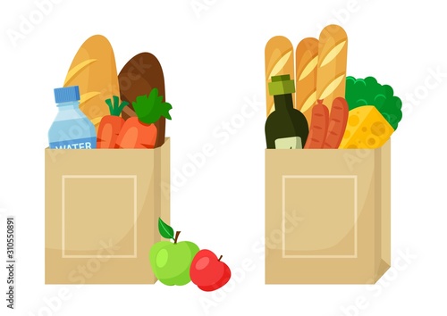 Food shop. Paper package with foods. Vector illustration