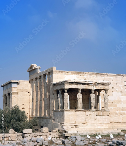 Statue ladies at the Erechtheion Temple up on the Acropolis hill in Athens  Greece.