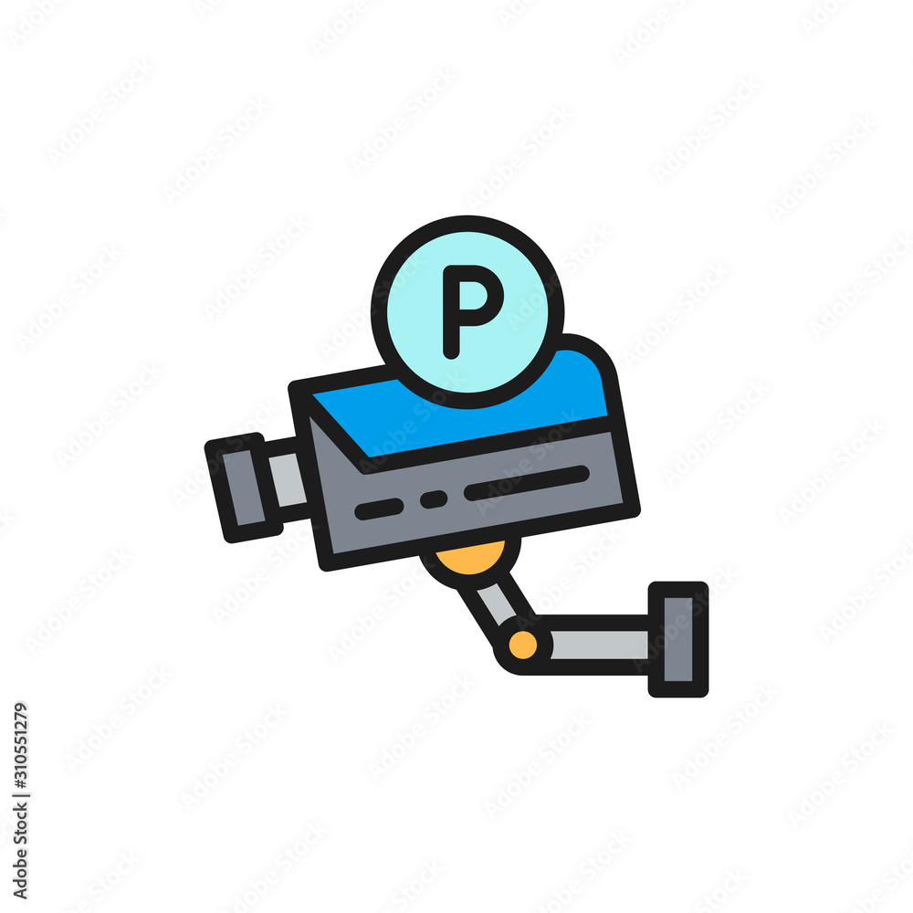 Parking security camera, surveillance system flat color line icon. Parking security camera, surveillance system flat color line icon.