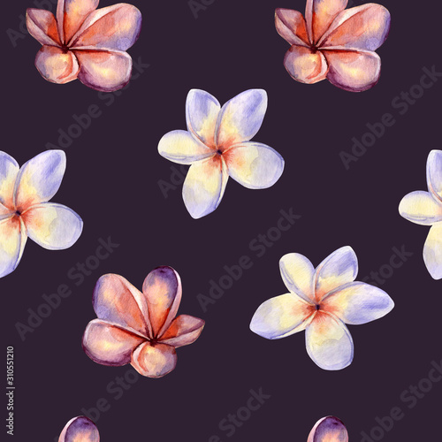 Watercolor hand painted seamless pattern with plumeria flowers on dark violet background. Bright tropical pattern is perfect for trendy textile design.