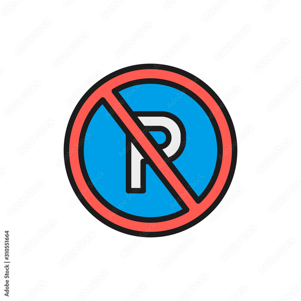 No parking sign flat color line icon. Isolated on white background No parking sign flat color line icon. Isolated on white background
