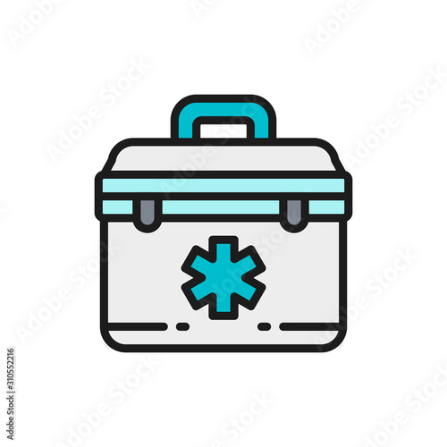 First aid kit, paramedic bag flat color line icon.