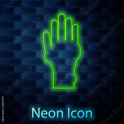 Glowing neon line Hand with psoriasis or eczema icon isolated on brick wall background. Concept of human skin response to allergen or chronic body problem. Vector Illustration