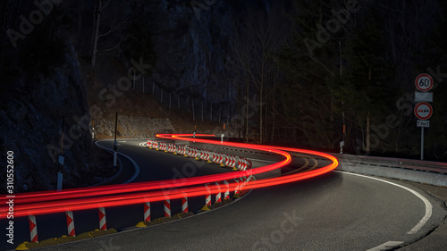 Red light trails of car at night 