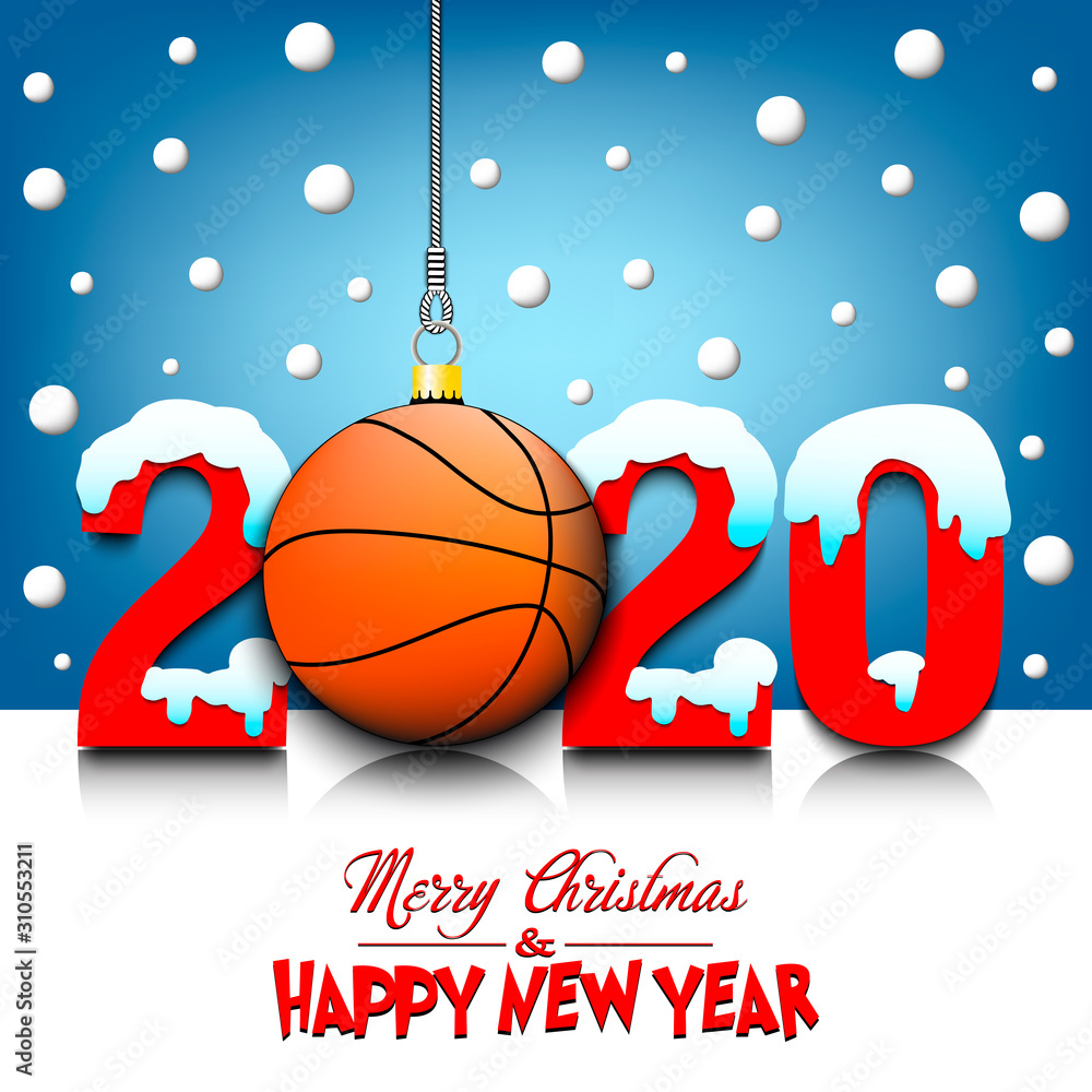 2020 New Year and basketball ball hanging on strings