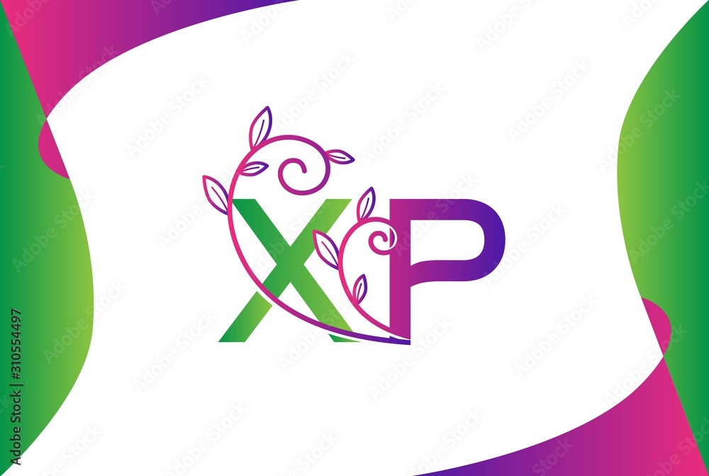 Fototapeta premium Green purple gradient wedding floral initial XP icon design. Vector logo template